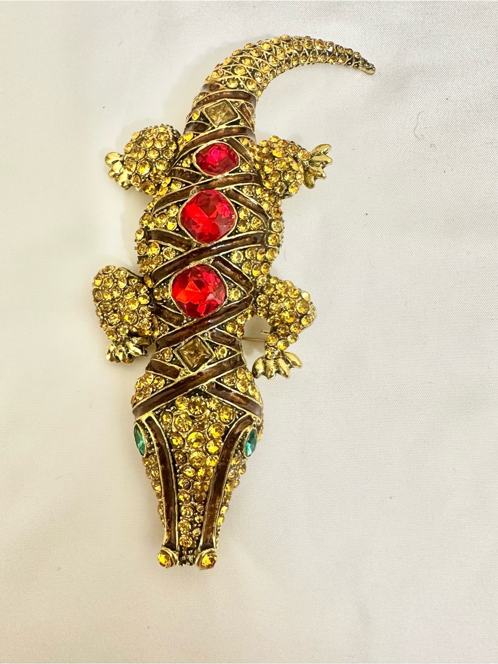 5” Chunky Citrine Crystal Lizard Brooch with Red & Green Accents